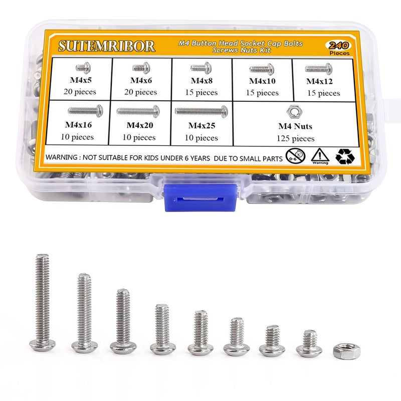 Sutemribor 240 Pieces M4 Stainless Steel Button Head Hex Socket Head Cap Bolts Screws Nuts Assortment Kit + Wrench - Image 2